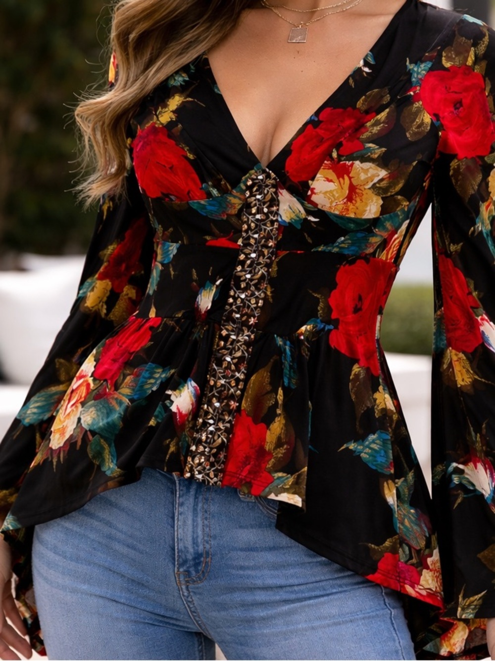 VENUS Floral Small V-Neck Peplum Top - Black with Red & Gold RomanticTrim